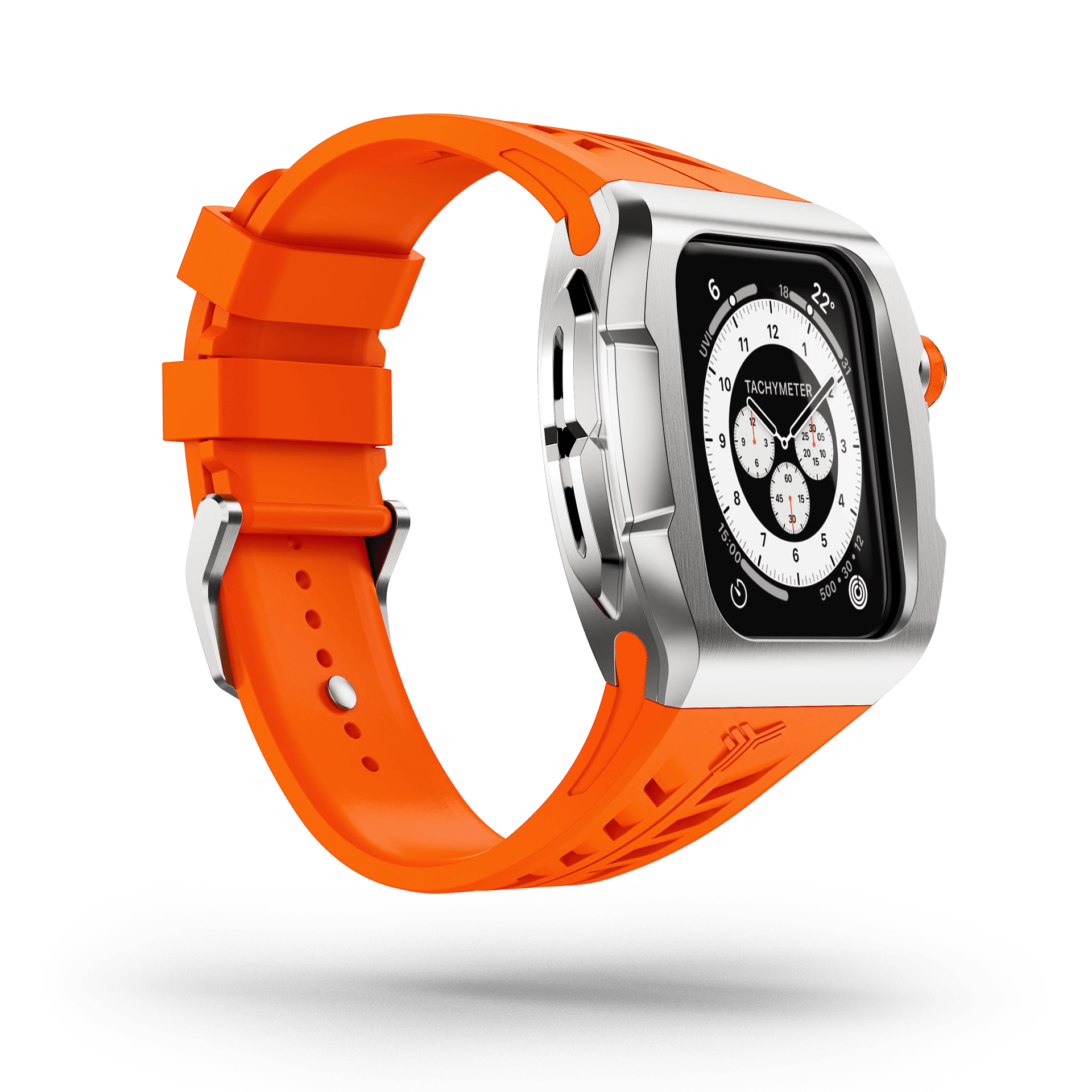 Discover the essence of style and innovation with the Y24 Shibuya Apple Watch Case - 45mm. A Stainless steel case combined with a vibrant orange strap.