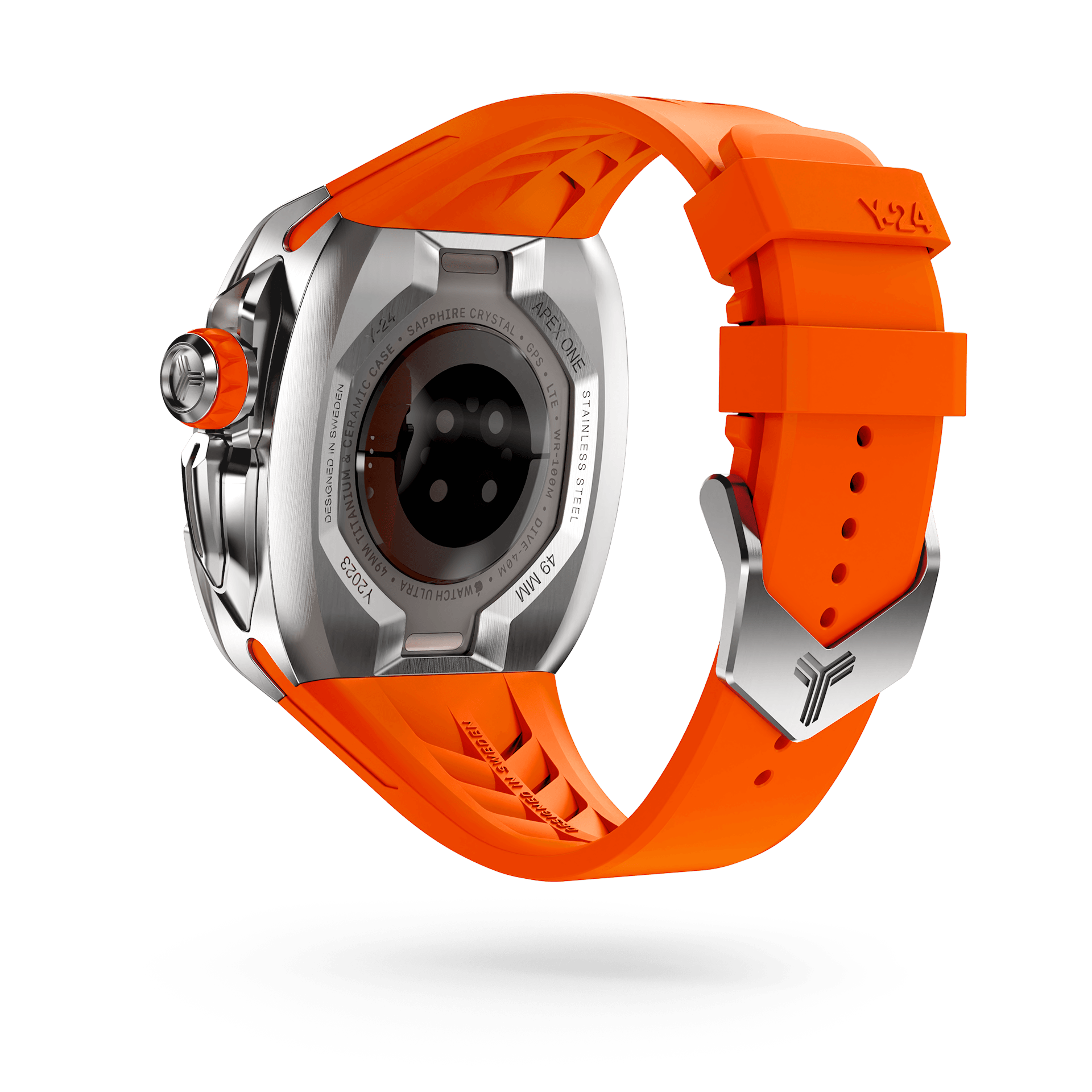 Y24 Shibuya 49mm Apple Watch Ultra Case. The image features a vibrant warning orange strap beautifully complemented by a sleek stainless steel bezel. 