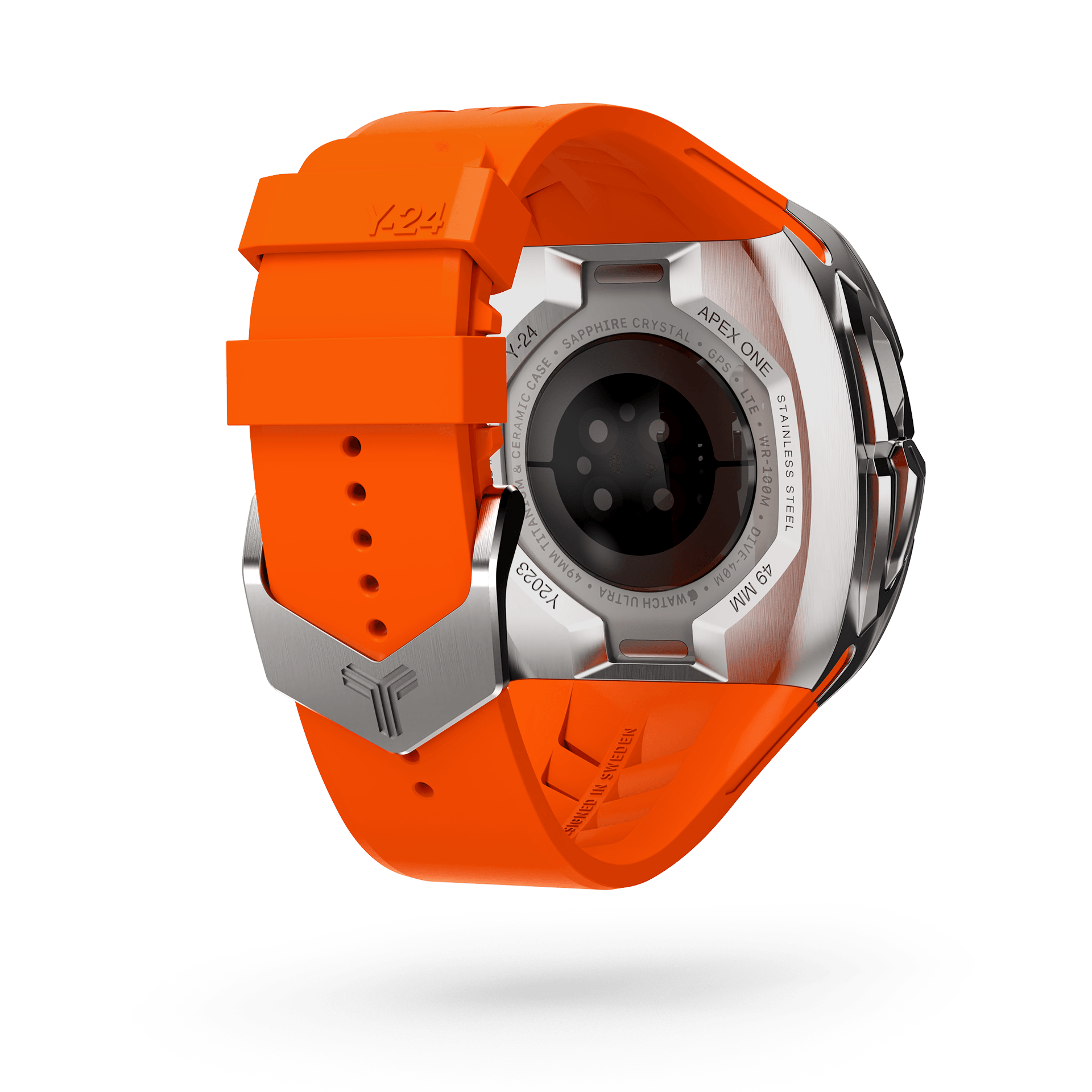 Y24 Shibuya 49mm Apple Watch Ultra Case. The image features a vibrant warning orange strap beautifully complemented by a sleek stainless steel bezel. 